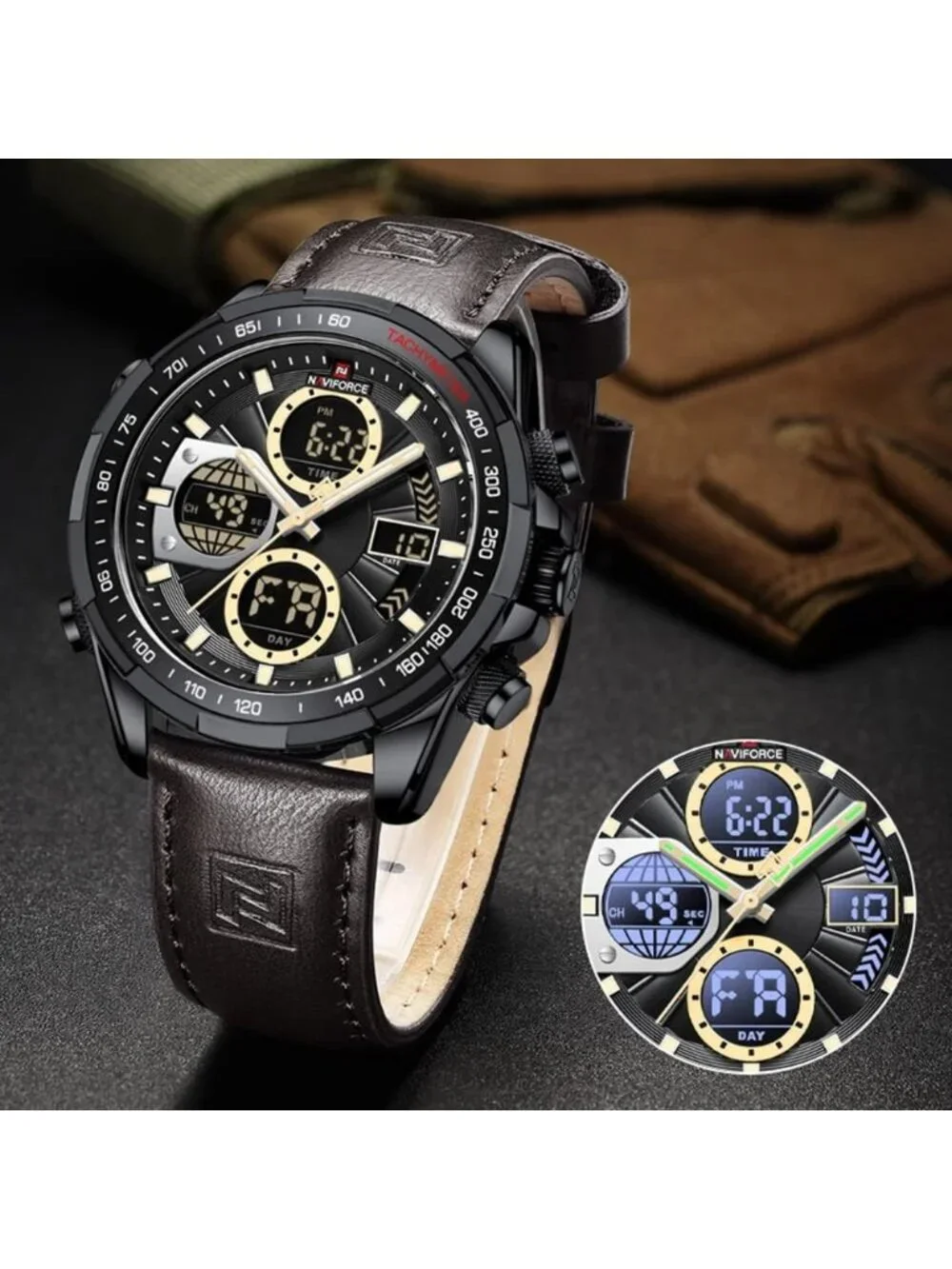 Men's Brown Military Digital Analog Quartz Waterproof Leather Wrist Watch